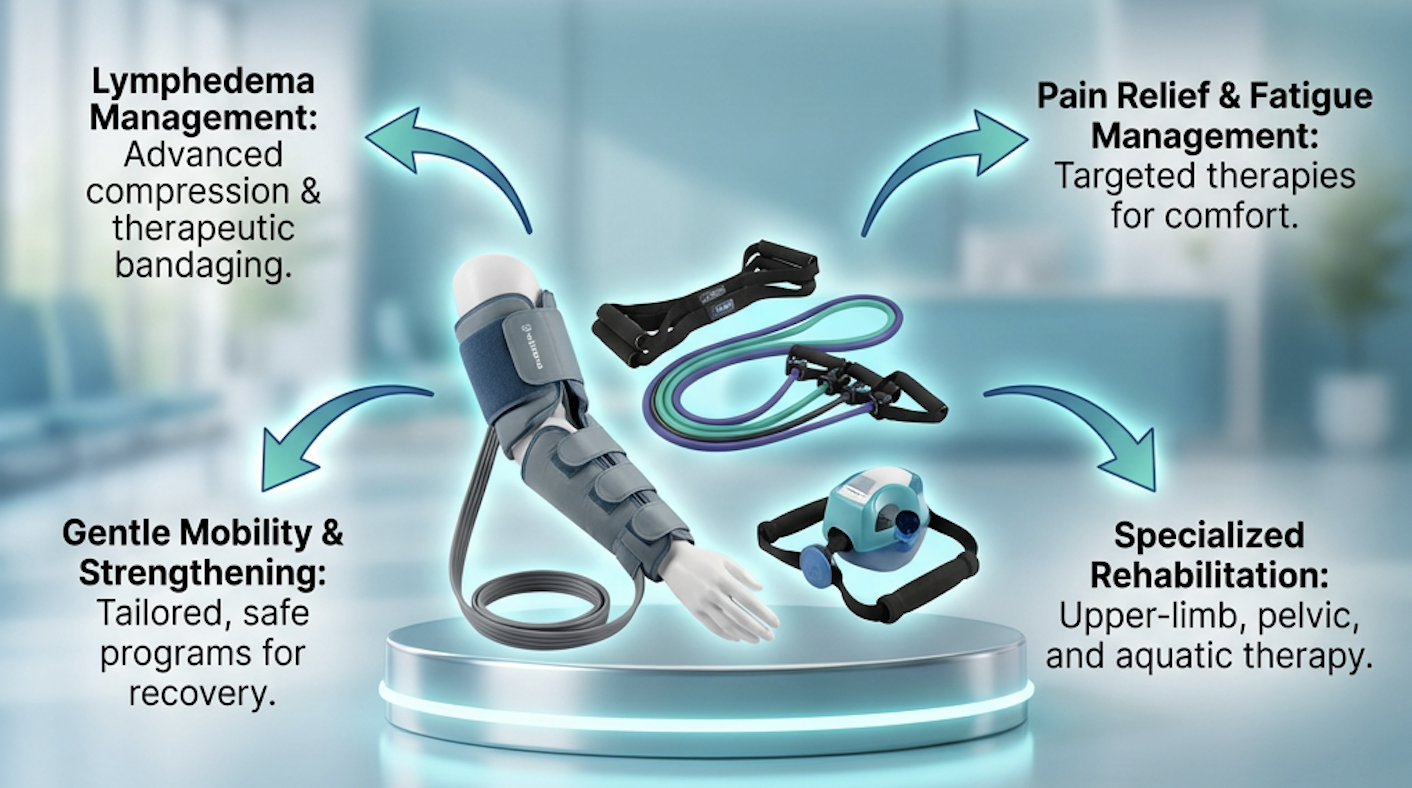 Oncology rehabilitation equipment including gentle strengthening, lymphedema management, and aquatic therapy